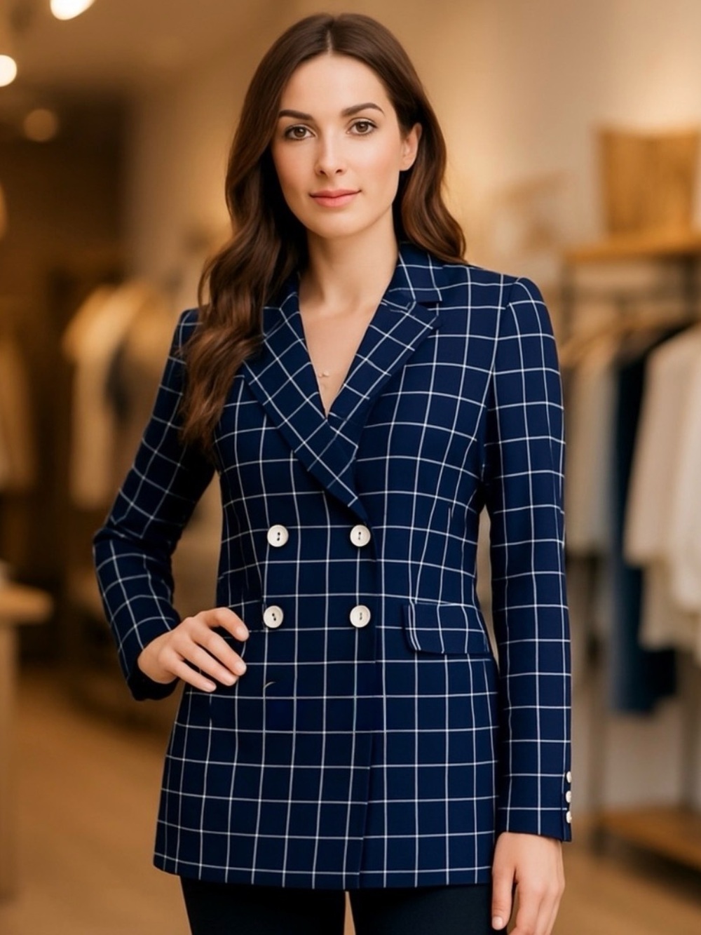 Halogen Double-Breasted Deep Navy Windowpane Blazer – Stretch Knit – Size M